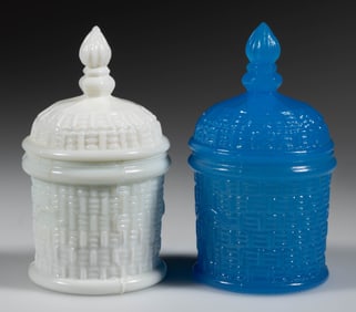 PRESSED COVERED BASKET POMADE / TOOTHPICK HOLDERS, LOT OF TWO
