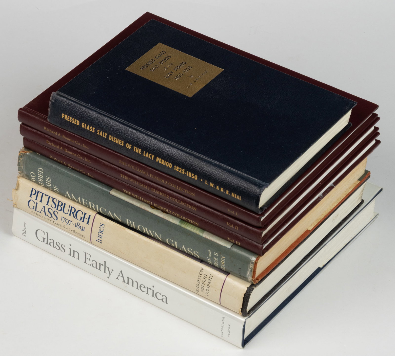 EARLY AMERICAN GLASS REFERENCE VOLUMES, LOT OF SEVEN: EARLY AMERICAN GLASS REFERENCE VOLUMES, LOT OF SEVEN, Bourne Auctions, The William J. Elsholz Collection of Early American Glass, three-volume set with price sheets; Neal, Pressed Glass Salt Dishes of