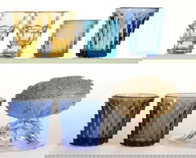 ASSORTED PRESSED GLASS TOY DRINKING VESSELS AND OTHER, LOT OF SEVEN: ASSORTED PRESSED GLASS TOY DRINKING VESSELS AND OTHER, LOT OF SEVEN, amber, sapphire blue, electric&nbsp;blue, and colorless, comprising of three sapphire blue and a starch blue toy tumblers/tasters w