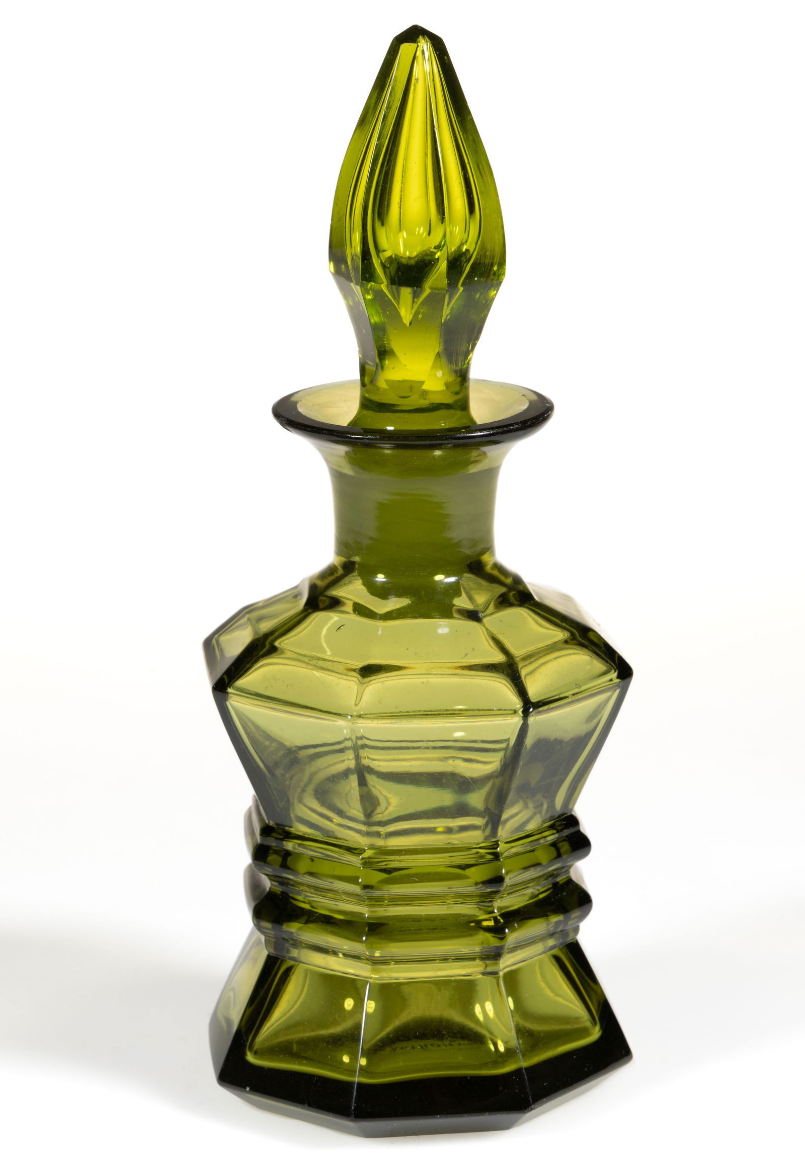 BLOWN-MOLDED WAISTED EIGHT-PANEL COLOGNE BOTTLE: BLOWN-MOLDED WAISTED EIGHT-PANEL COLOGNE BOTTLE, bright olive green, octagonal form with two medial rings, double-step shoulder, factory polished lip, table ring, and pontil mark, elongated hexag