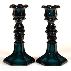 PRESSED PETAL AND HEXAGONAL BASE PAIR OF CANDLESTICKS
