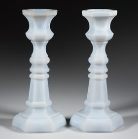 PRESSED HEXAGONAL PAIR OF CANDLESTICKS