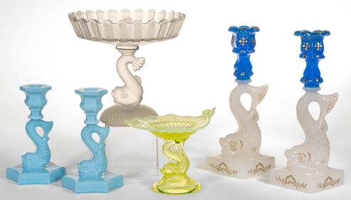 ASSORTED DOLPHIN STEM PRESSED GLASS ARTICLES, LOT OF SIX