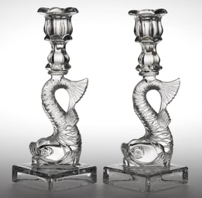 PRESSED DOLPHIN SINGLE-STEP PAIR OF CANDLESTICKS