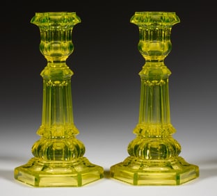 HEXAGONAL PRESSED GLASS CANDLESTICKS, PAIR