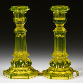 HEXAGONAL PRESSED GLASS CANDLESTICKS, PAIR