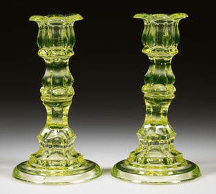 PETAL SOCKET PRESSED GLASS CANDLESTICKS, PAIR