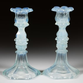 PRESSED PETAL AND HEXAGONAL GLASS PAIR OF CANDLESTICKS