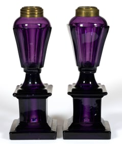 PRESSED PANEL AND CONCAVE COLUMN WITH MONUMENT BASE PAIR OF WHALE OIL / FLUID STAND LAMPS