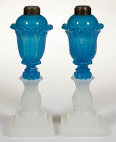 PRESSED ACANTHUS LEAF WHALE OIL / FLUID STAND LAMPS, PAIR