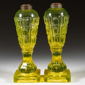 BLOWN-MOLDED THREE-PRINTIE BLOCK FONT PAIR OF WHALE OIL / FLUID STAND LAMPS
