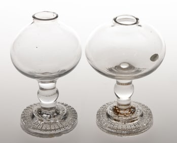 FREE-BLOWN AND PRESSED GLASS PAIR OF WHALE OIL / FLUID SPARKING OR TOY STAND LAMPS