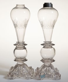 FREE-BLOWN, CUT, AND PRESSED GLASS WHALE OIL / FLUID PAIR OF STAND LAMPS
