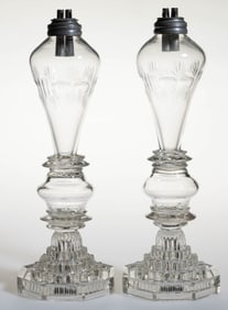 FREE-BLOWN, CUT, AND ENGRAVED GLASS PAIR OF WHALE OIL / FLUID STAND LAMPS