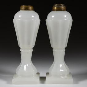 PRESSED EIGHT-PANEL PAIR OF WHALE OIL / FLUID STAND LAMPS
