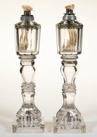 FREE-BLOWN, CUT, AND PRESSED GLASS PAIR OF WHALE OIL / FLUID STAND LAMPS