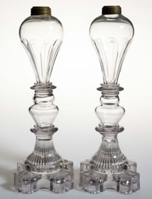 FREE-BLOWN, CUT, AND PRESSED GLASS PAIR OF WHALE OIL / FLUID STAND LAMPS