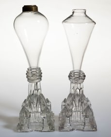 FREE-BLOWN AND PRESSED GLASS WHALE OIL / FLUID STAND LAMPS, LOT OF TWO