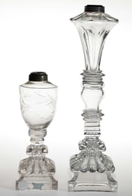 ASSORTED FREE-BLOWN, CUT, ENGRAVED AND PRESSED WHALE OIL STAND LAMPS, LOT OF TWO