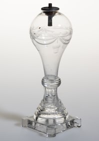 FREE-BLOWN, PRESSED, AND ENGRAVED WHALE OIL / FLUID STAND LAMP