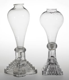 ASSORTED FREE-BLOWN AND PRESSED WHALE OIL STAND LAMPS, LOT OF TWO