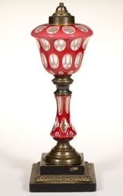 CUT DOUBLE OVERLAY PUNTY AND OVAL KEROSENE BANQUET STAND LAMP