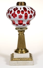 CUT-OVERLAY QUATREFOIL AND STAR KEROSENE STAND LAMP