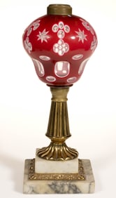 CUT DOUBLE OVERLAY QUATREFOIL AND STAR KEROSENE STAND LAMP