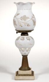 CUT OVERLAY PUNTY AND OVAL KEROSENE STAND LAMP