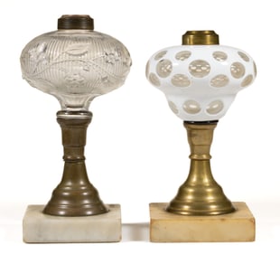 ASSORTED PATTERNED KEROSENE STAND LAMPS, LOT OF TWO