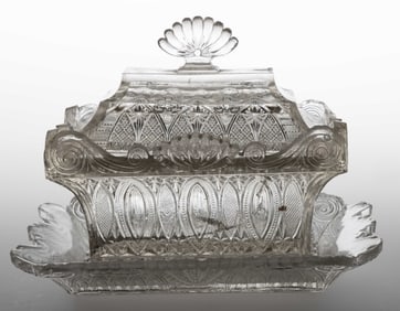 IMPORTANT PRESSED LACY LANCET AND LEAF RECTANGULAR COVERED HONEY DISH / CASKET WITH UNDERTRAY