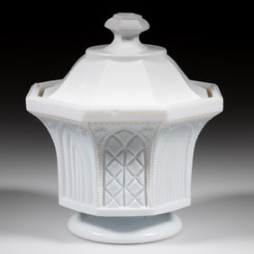 PRESSED LACY GOTHIC ARCH GLASS SUGAR BOWL AND COVER