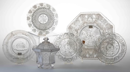ASSORTED PRESSED LACY TABLE ARTICLES, LOT OF SIX