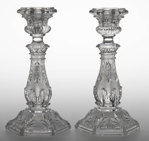 FRENCH LACY PRESSED GLASS PAIR OF CANDLESTICKS