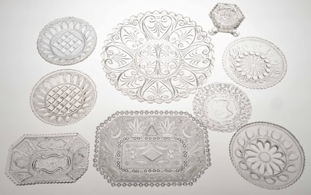 AMERICAN AND EUROPEAN PRESSED LACY-ERA GLASS TABLE ARTICLES, LOT OF NINE