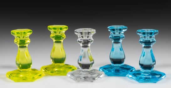 PRESSED HEXAGONAL TOY CANDLESTICKS, LOT OF FIVE