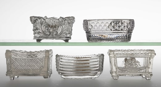ASSORTED LACY-ERA GLASS OPEN SALTS, LOT OF FIVE