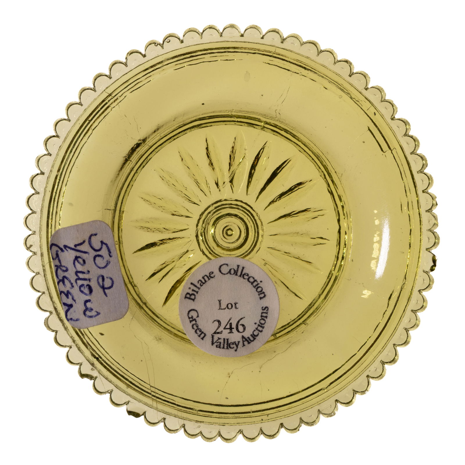 LEE/ROSE NO. 502 CUP PLATE: LEE/ROSE NO. 502 CUP PLATE, olive yellow, 51 even scallops. Scarce. Uncertain origin. 1840-1860. 3" D.Literature: Lee/Rose - American Glass Cup Plates, p. 293. Provenance: From the co