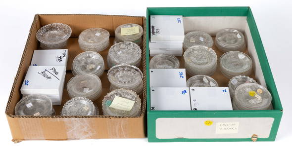 ASSORTED PRESSED GLASS CUP PLATES, UNCOUNTED LOT: ASSORTED PRESSED GLASS CUP PLATES, UNCOUNTED LOT, approximately +/- 130, colorless, including&nbsp;Lee/Rose numbers between 242&nbsp;and 680, and two sauce/honey dishes.&nbsp;Scarce, plentiful, and co