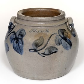 COFFMAN FAMILY, ROCKINGHAM CO., SHENANDOAH VALLEY OF VIRGINIA DECORATED STONEWARE "PLUMB" SQUAT POT