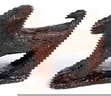 RARE SIGNED STRASBURG, SHENANDOAH VALLEY OF VIRGINIA EARTHENWARE / REDWARE DOG FIGURE: RARE SIGNED STRASBURG, SHENANDOAH VALLEY OF VIRGINIA EARTHENWARE / REDWARE DOG FIGURE, lead- and manganese-glazed, standing form with short raised tail, punched eyes and nostrils, and well delineated