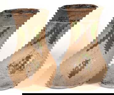 STAMPED "SOLOMON BELL / STRASBURG / VA.", SHENANDOAH VALLEY OF VIRGINIA POLYCHROME-DECORATED: STAMPED "SOLOMON BELL / STRASBURG / VA.", SHENANDOAH VALLEY OF VIRGINIA POLYCHROME-DECORATED EARTHENWARE / REDWARE VASES, NEAR PAIR, slip-washed, pear form with recessed collar. Brushed