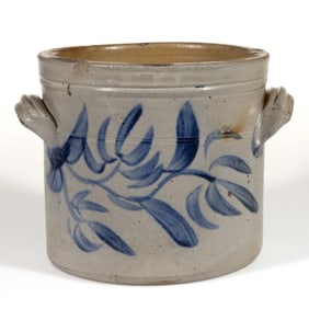 STAMPED "SOLOMON BELL / STRASBURG / VA", VALLEY OF VIRGINIA DECORATED STONEWARE LOW CROCK