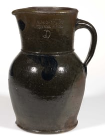 STAMPED "J.M. HICKERSON / STRASBURG VA.", SHENANDOAH VALLEY OF VIRGINIA DECORATED STONEWARE PITCHER