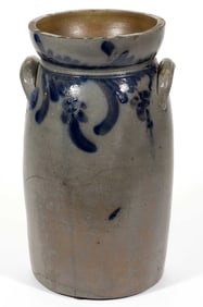 STAMPED "J. KEISTER & CO. / STRASBURG, VA.", SHENANDOAH VALLEY OF VIRGINIA DECORATED STONEWARE CHURN