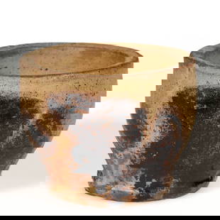 BELL FAMILY ATTRIBUTED, PENNSYLVANIA / SHENANDOAH VALLEY OF VIRGINIA DECORATED EARTHENWARE / REDWARE: BELL FAMILY ATTRIBUTED, PENNSYLVANIA /&nbsp;SHENANDOAH VALLEY OF VIRGINIA&nbsp;DECORATED EARTHENWARE / REDWARE OPEN SALT, lead- and manganese-glazed over slip wash, semi ovoid form with flat-top rim a