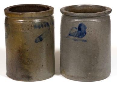 STAMPED STRASBURG, SHENANDOAH VALLEY OF VIRGINIA DECORATED STONEWARE JARS, LOT OF TWO