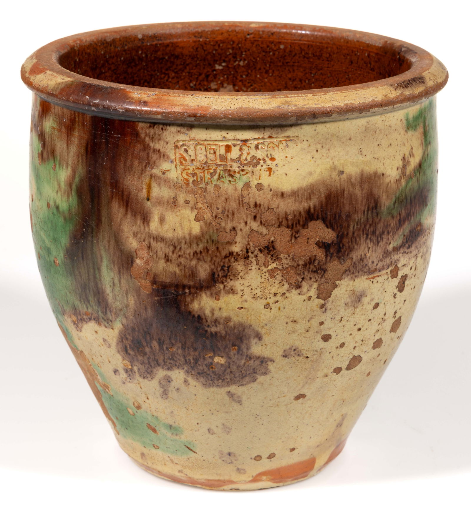 STAMPED "S. BELL & SON / STRASBURG", SHENANDOAH VALLEY OF VIRGINIA POLYCHROME-DECORATED EARTHENWARE: STAMPED "S. BELL & SON / STRASBURG", SHENANDOAH VALLEY OF VIRGINIA POLYCHROME-DECORATED EARTHENWARE / REDWARE CROCK, lead-, copper-, and manganese-glazed over a slip wash, approximately