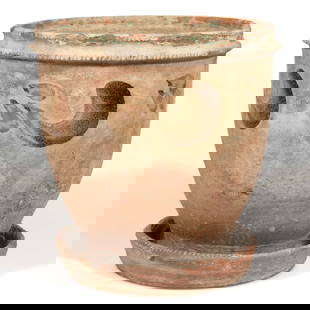 STRASBURG, SHENANDOAH VALLEY OF VIRGINIA DECORATED EARTHENWARE / REDWARE FLOWER POT: STRASBURG, SHENANDOAH VALLEY OF VIRGINIA DECORATED EARTHENWARE / REDWARE FLOWER POT, slip-washed, tall semi-ovoid form with double coggled rim, punched drain hole, and integral saucer with coggled rim