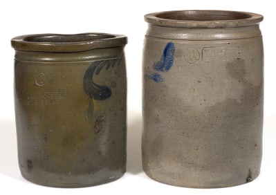 STAMPED "STRASBURG", SHENANDOAH VALLEY OF VIRGINIA DECORATED STONEWARE JARS, LOT OF TWO
